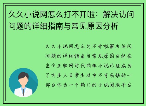 久久小说网怎么打不开啦：解决访问问题的详细指南与常见原因分析